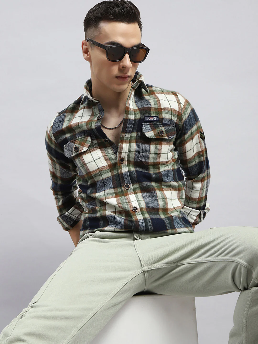 Men Olive Check Collar Full Sleeve Shirt - Image 6