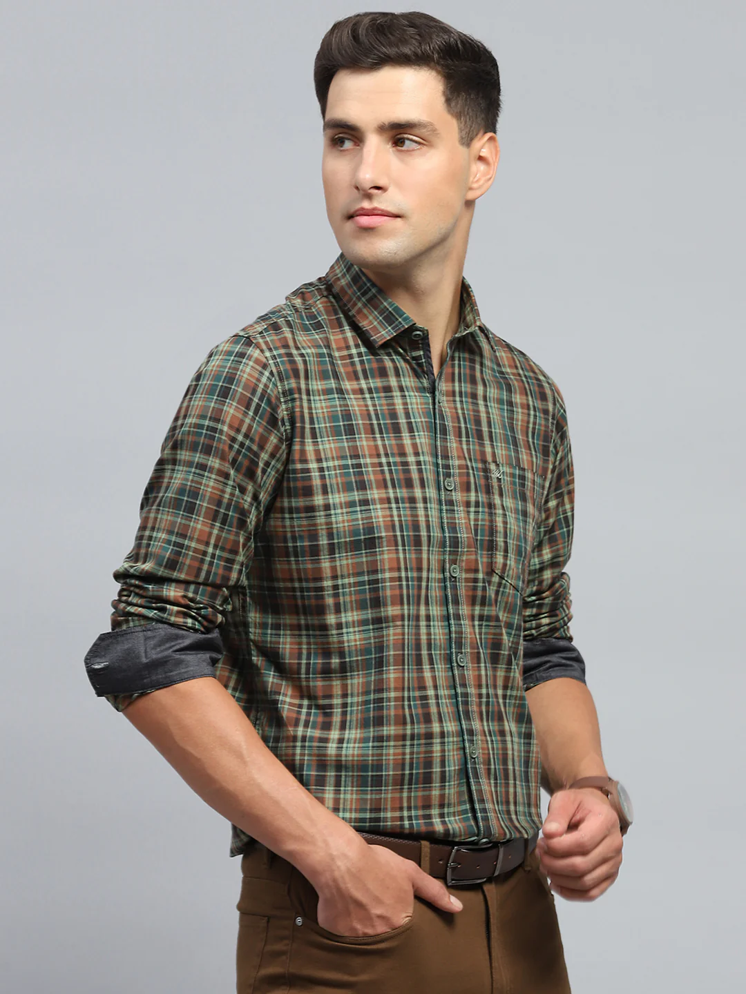 Men Olive Check Collar Full Sleeve Shirt - Image 4