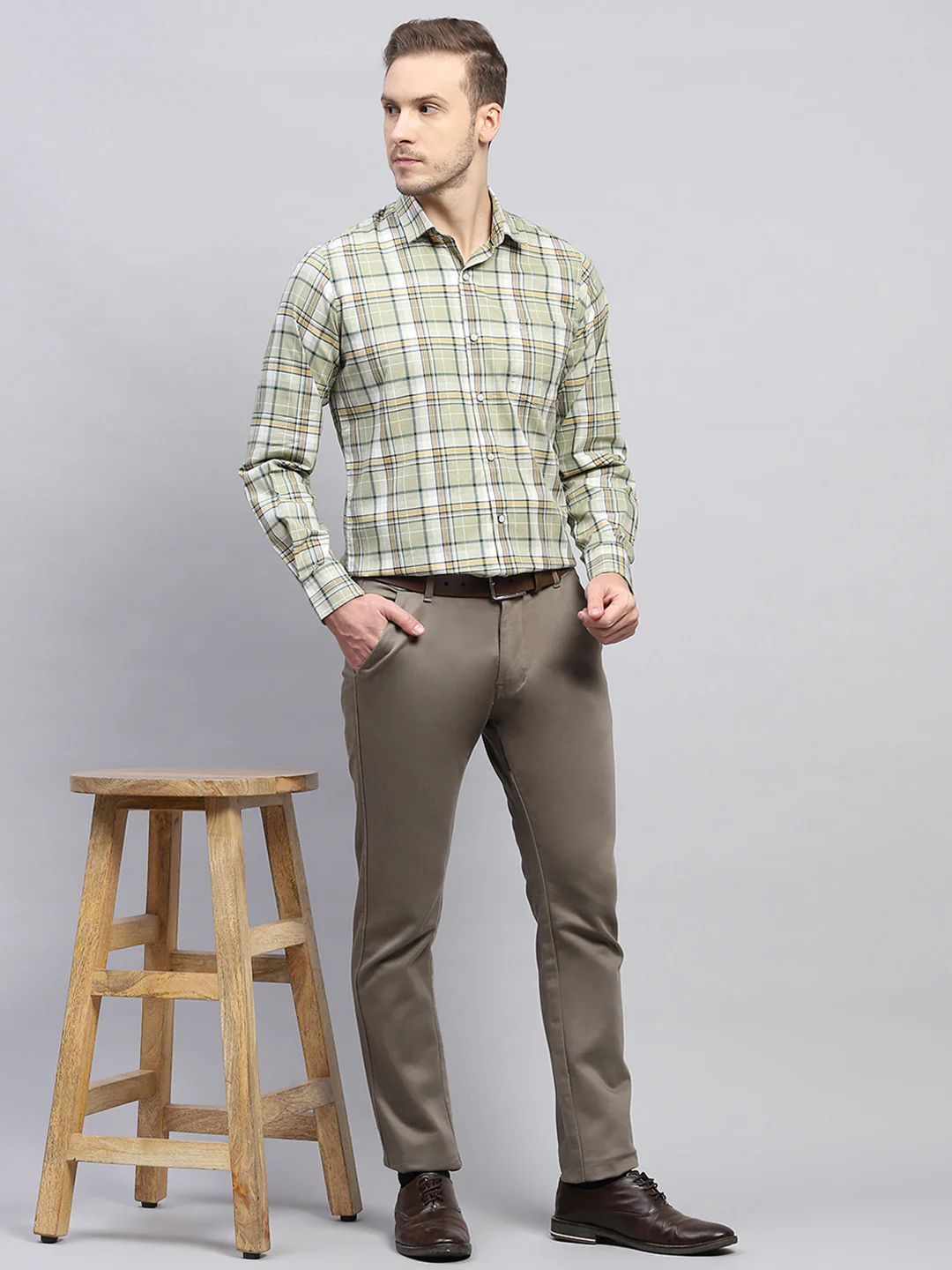 Men Olive Check Collar Full Sleeve Shirt - Image 2