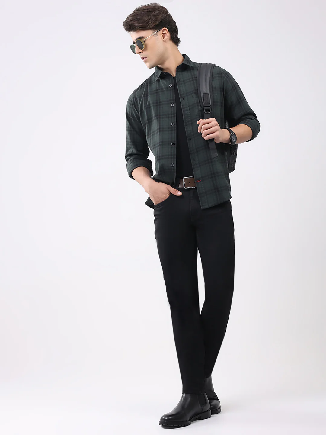 Men Olive Check Collar Full Sleeve Shirt - Image 2