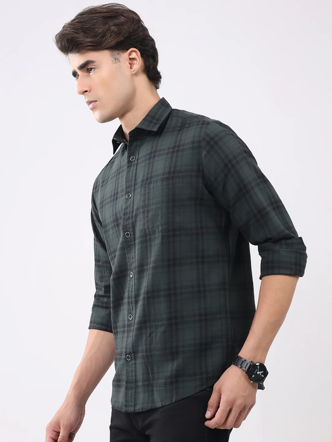 Men Olive Check Collar Full Sleeve Shirt - Image 3