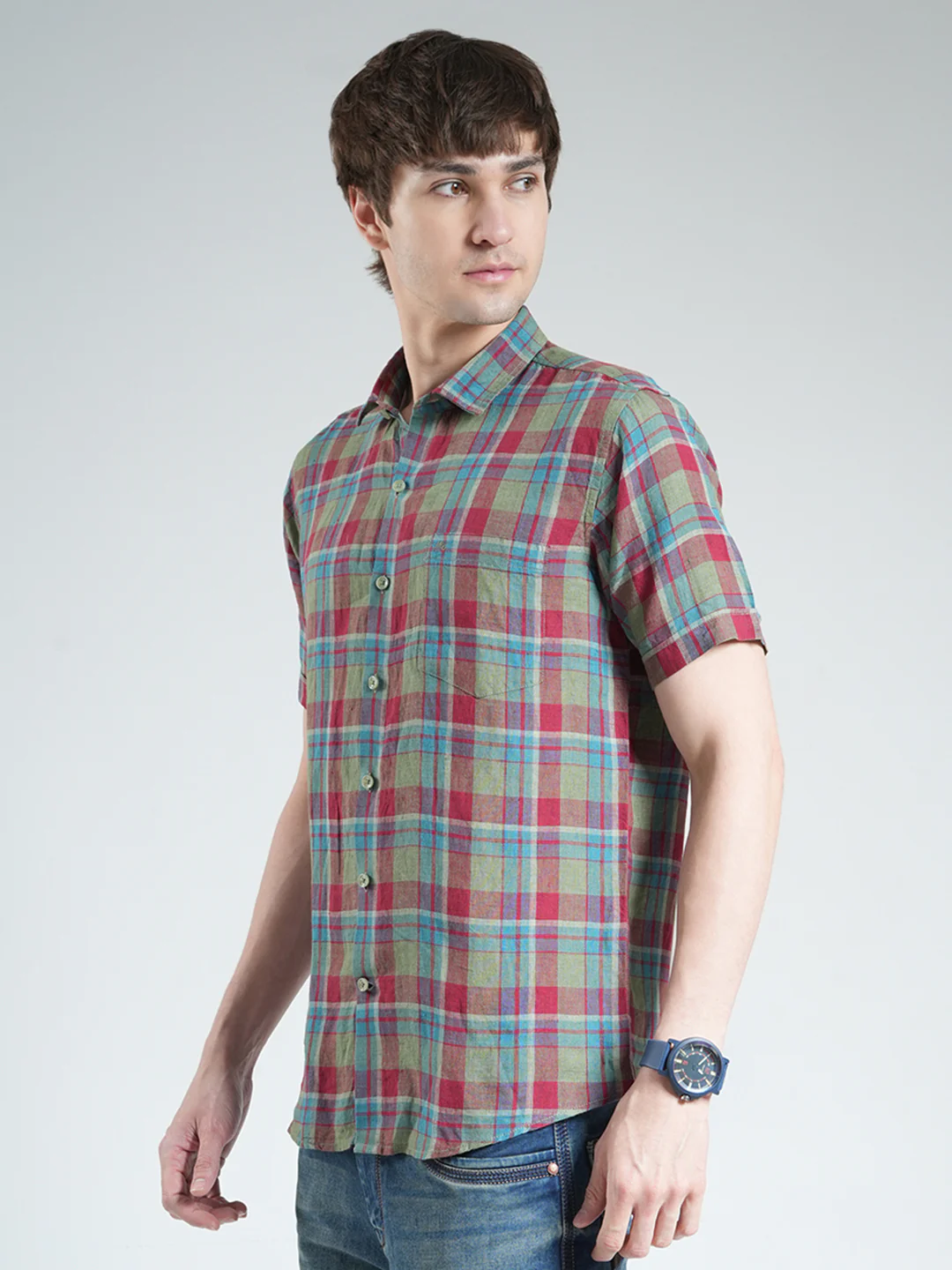 Men Olive Check Collar Half Sleeve Linen Shirt - Image 3