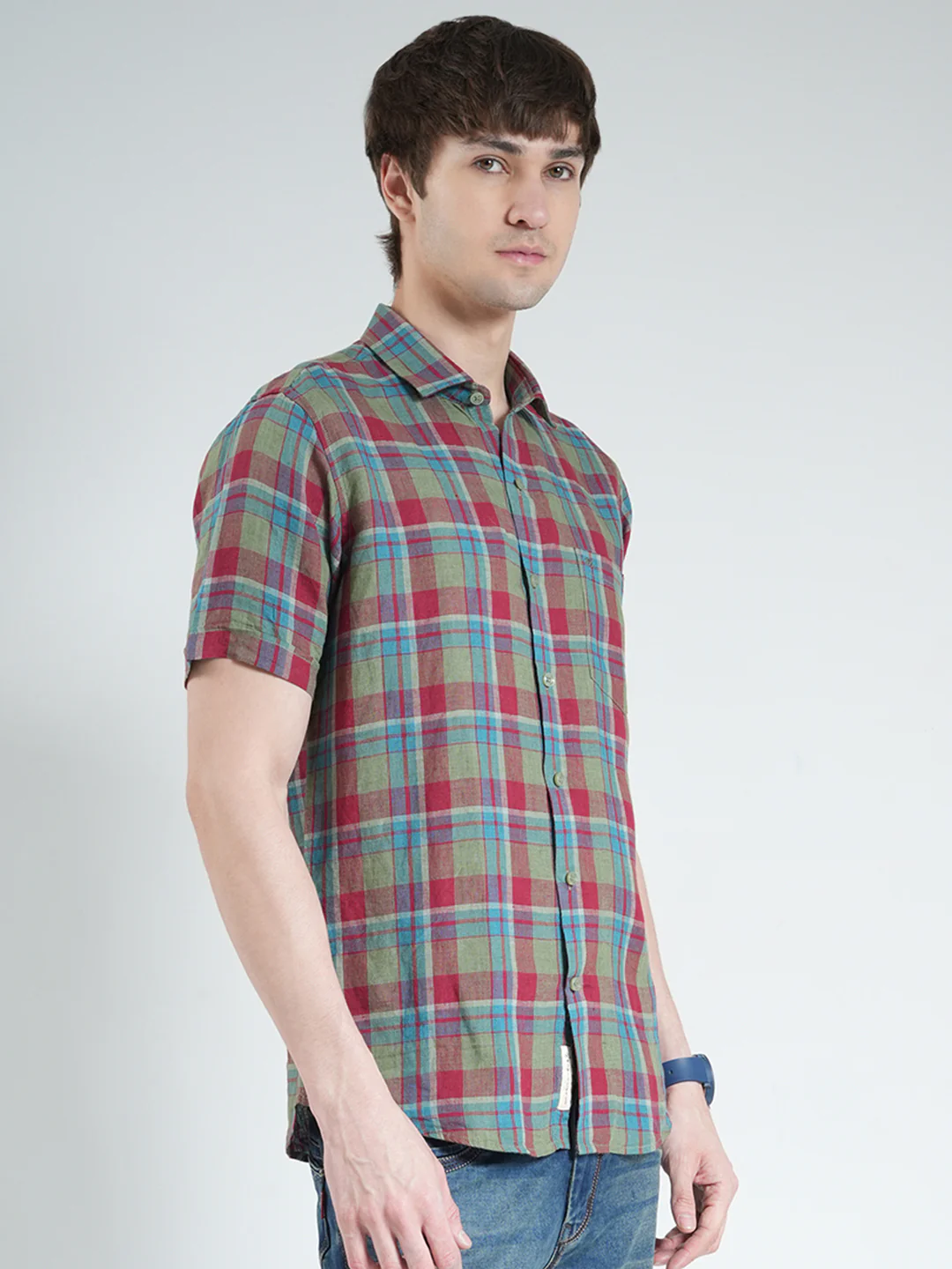 Men Olive Check Collar Half Sleeve Linen Shirt - Image 4