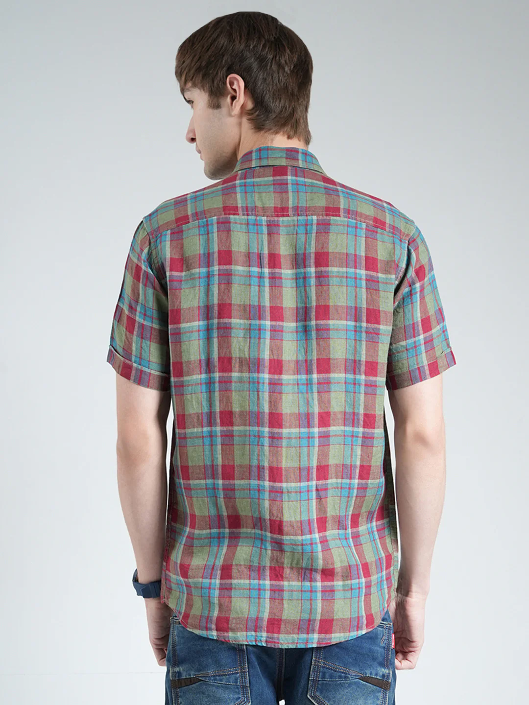 Men Olive Check Collar Half Sleeve Linen Shirt - Image 5