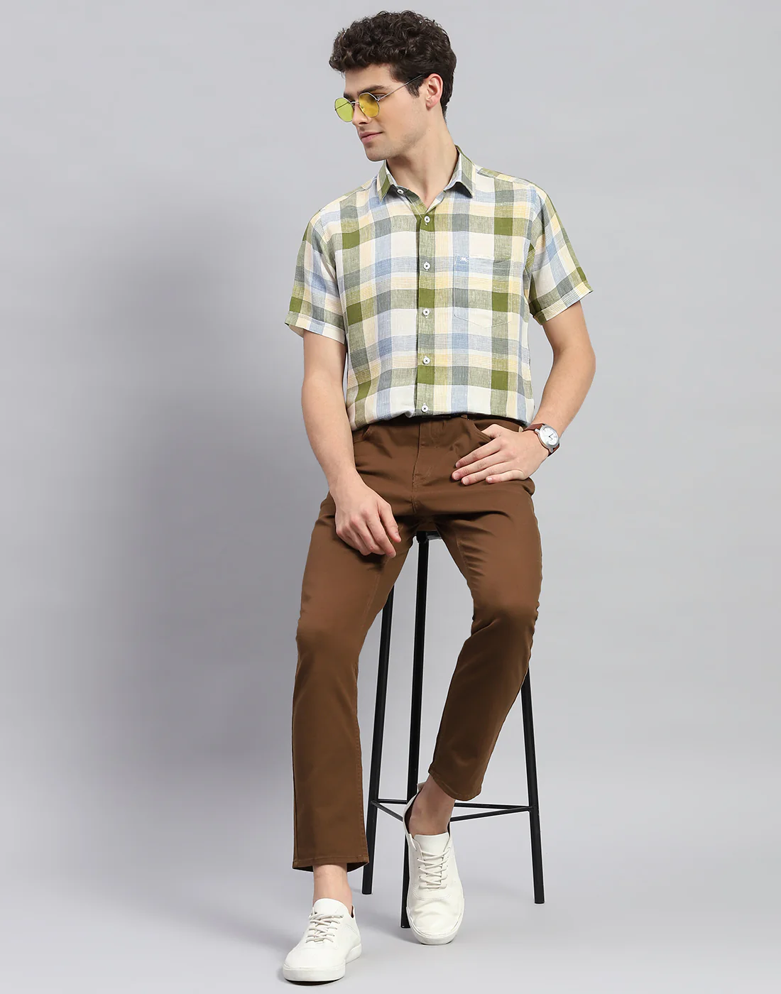 Men Olive Check Collar Neck Half Sleeve Linen Shirt - Image 2