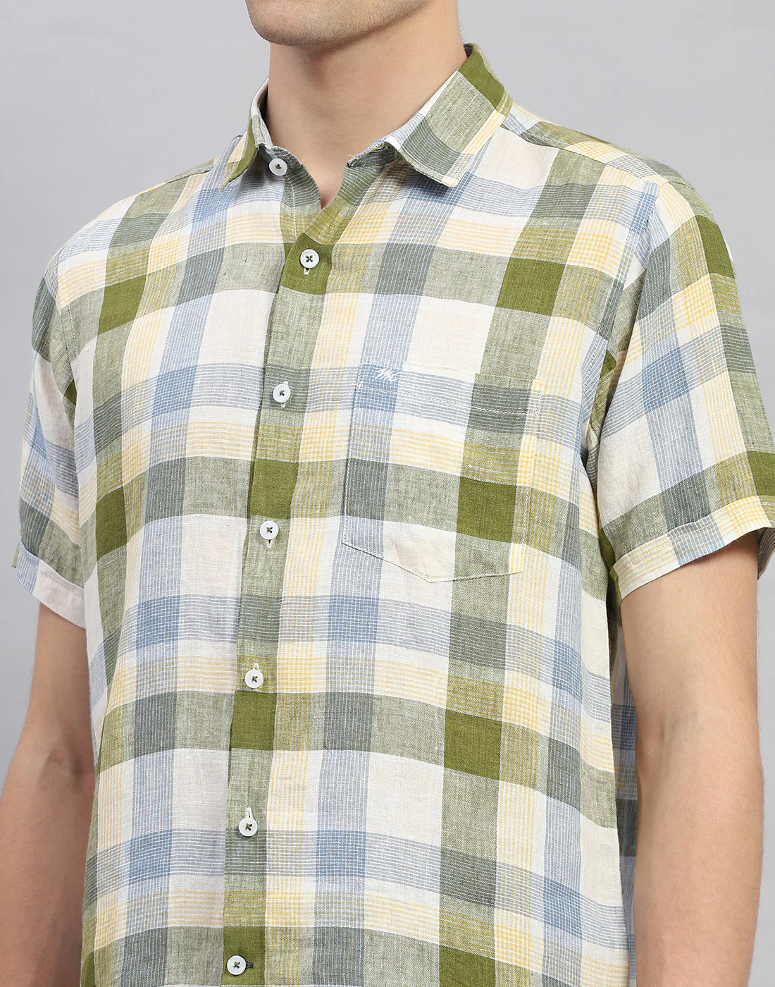 Men Olive Check Collar Neck Half Sleeve Linen Shirt - Image 6