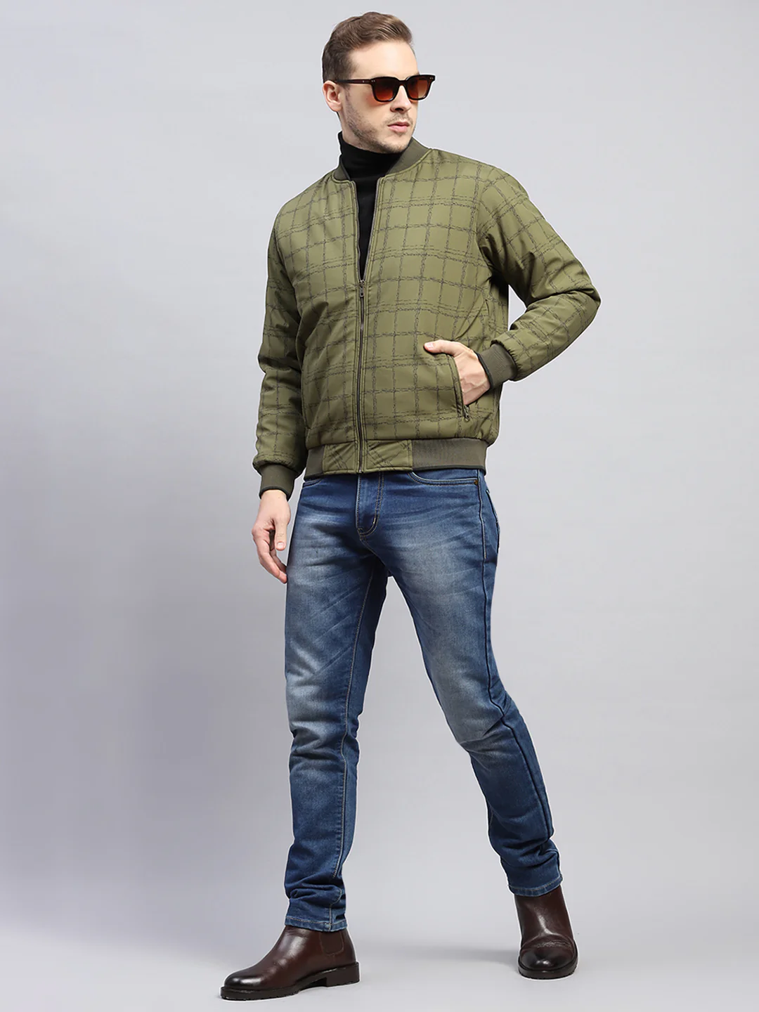 Men Olive Check Mock Neck Full Sleeve Jacket - Image 2
