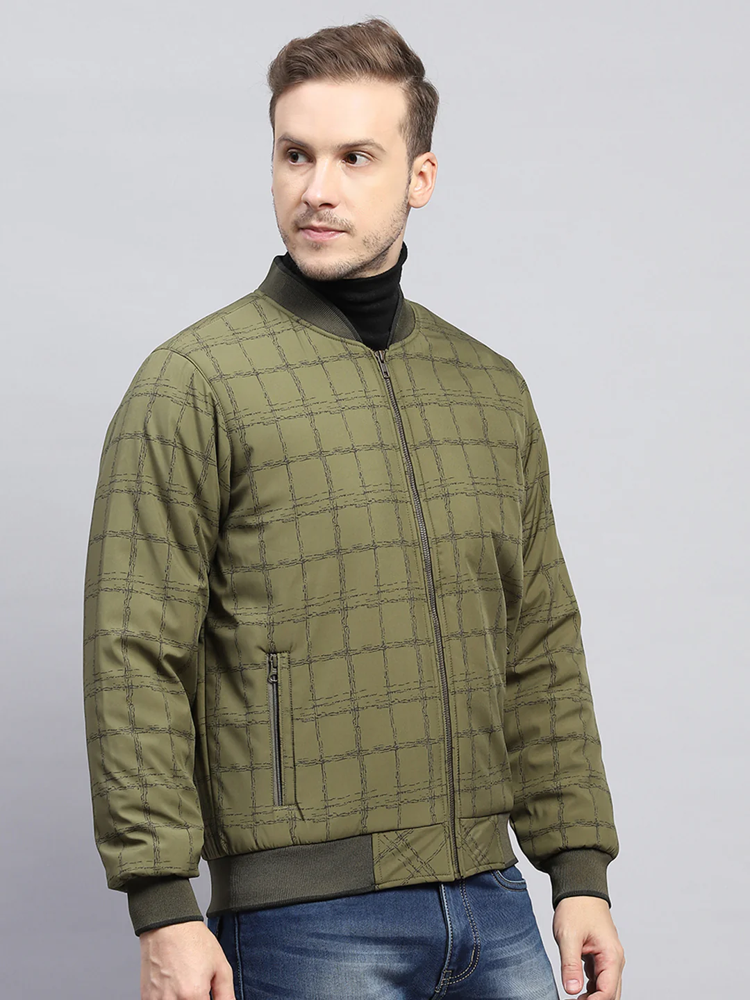 Men Olive Check Mock Neck Full Sleeve Jacket - Image 4