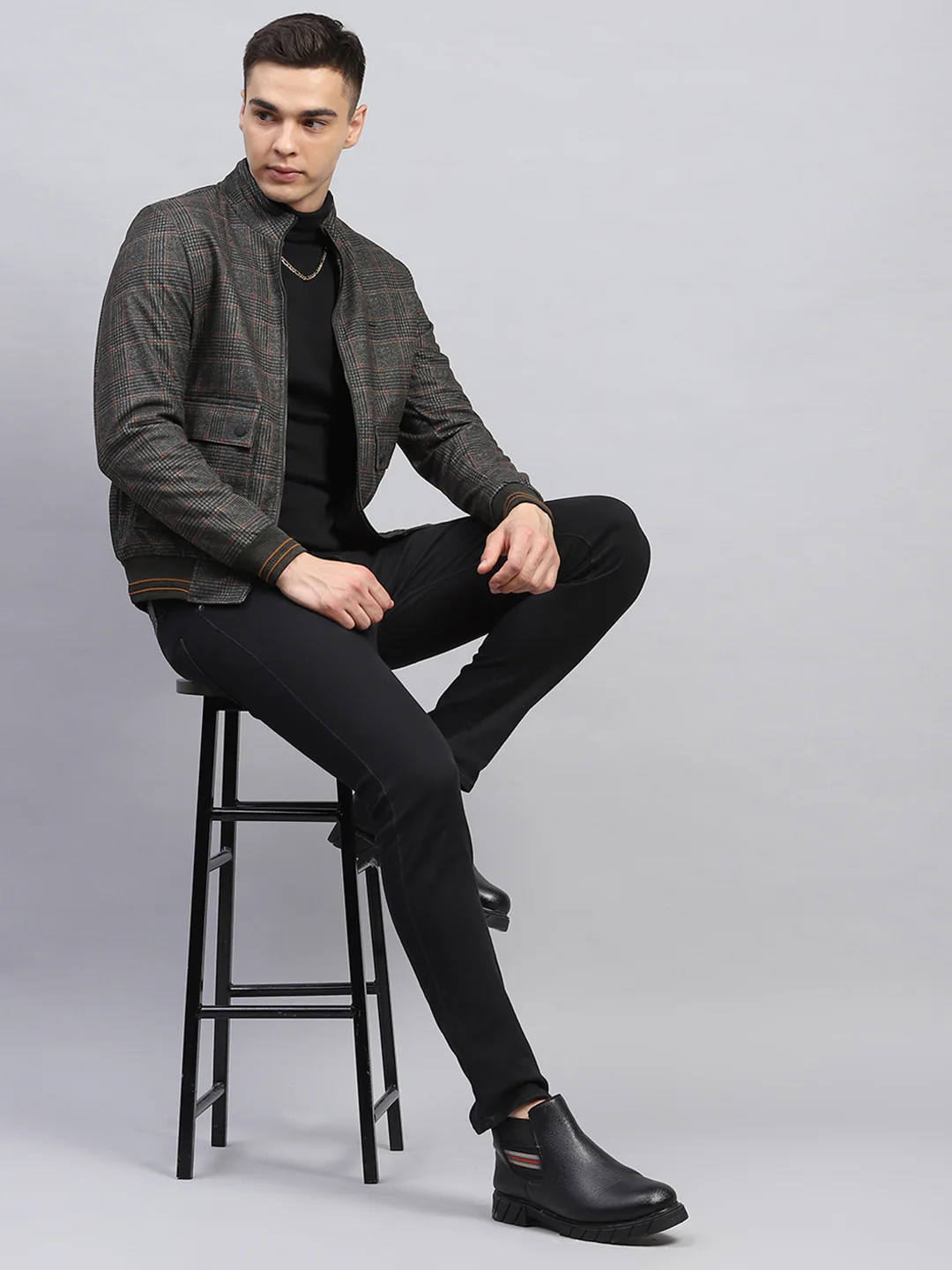 Men Olive Check Mock Neck Full Sleeve Jacket - Image 2