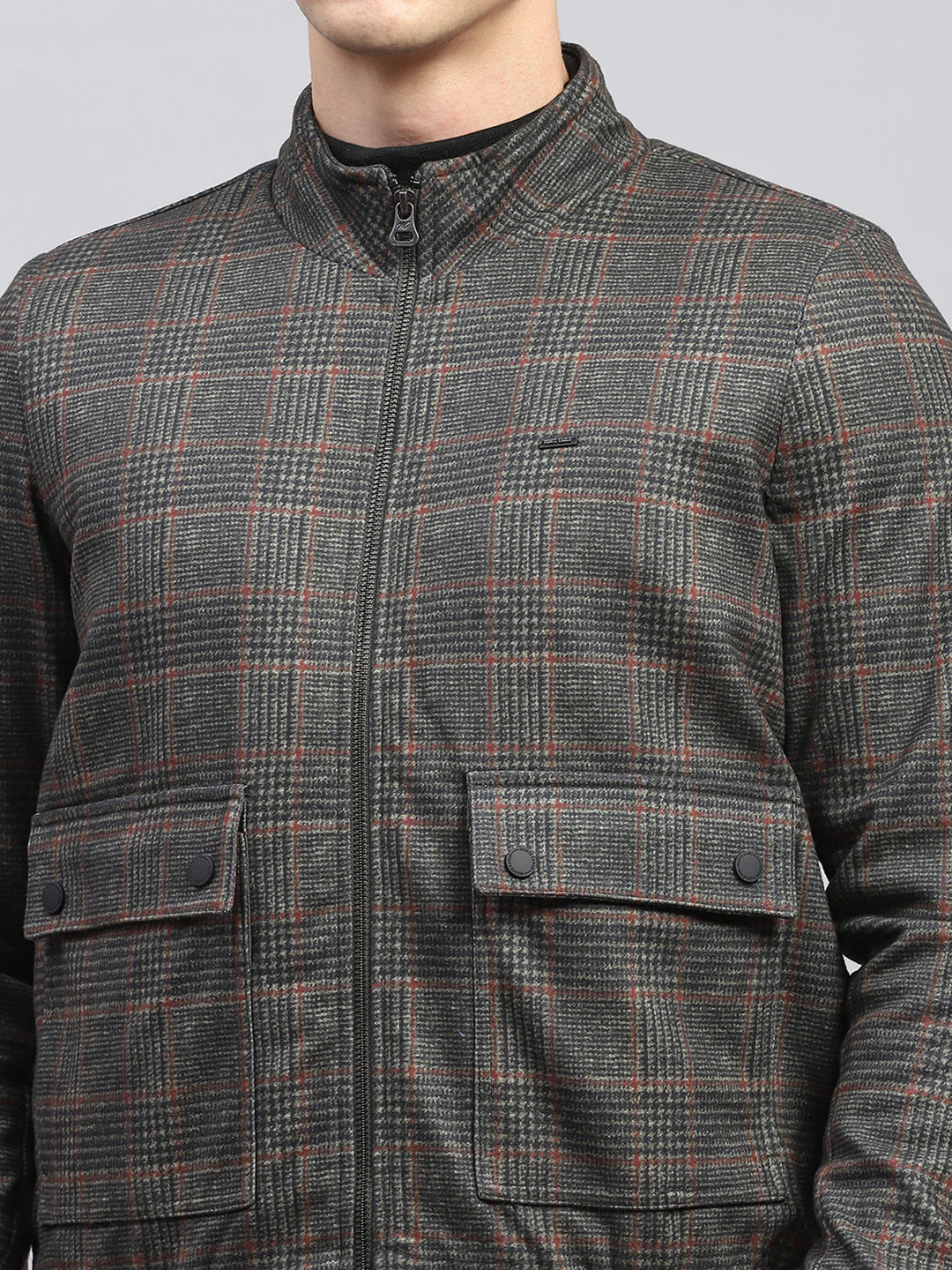 Men Olive Check Mock Neck Full Sleeve Jacket - Image 6