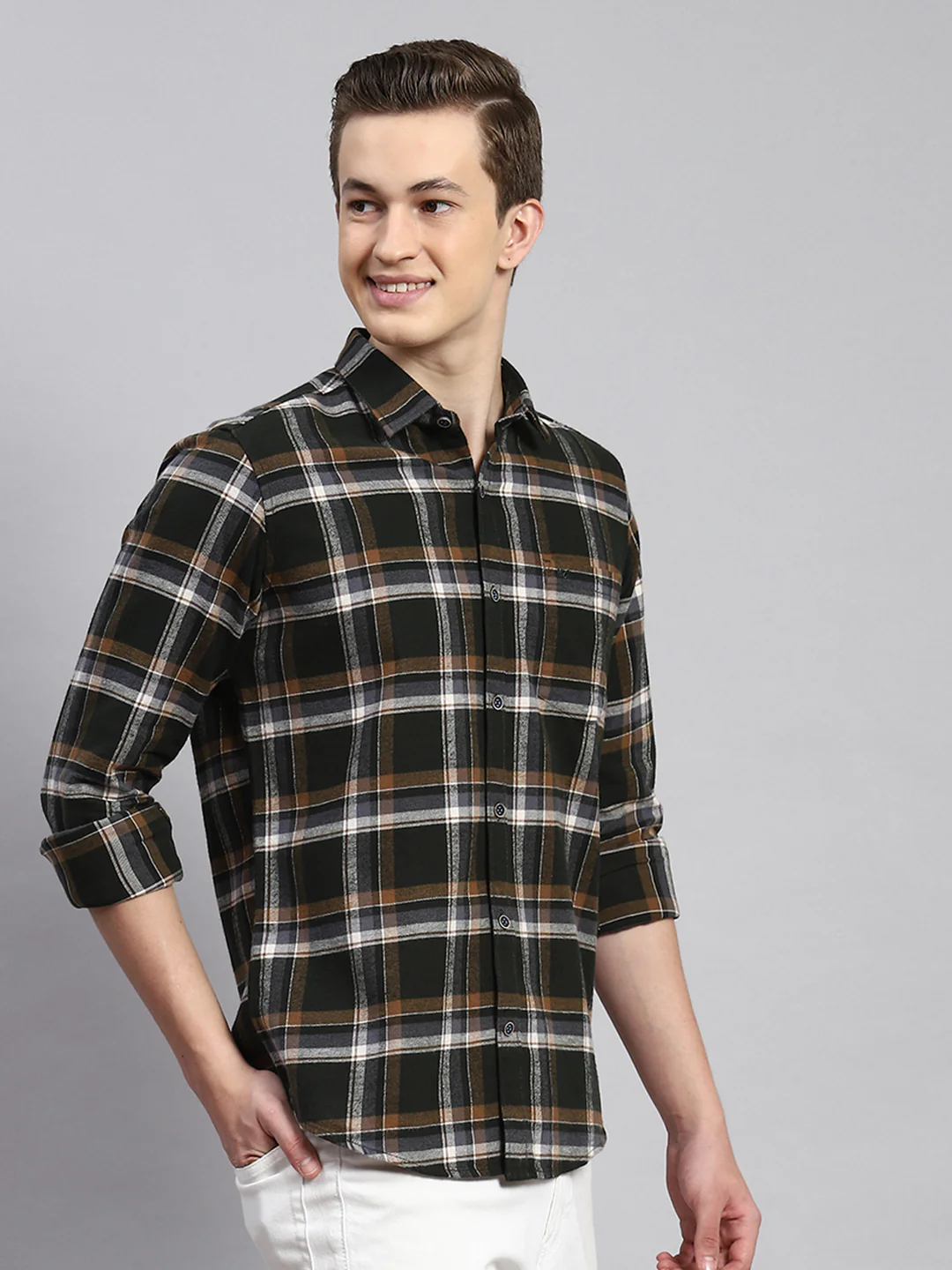 Men Olive Check Shirt - Image 3
