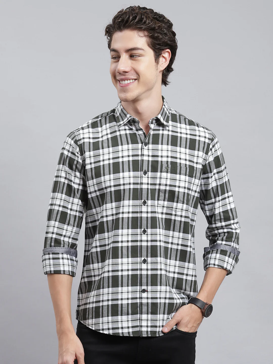 Men Olive Check Shirt - Image 2