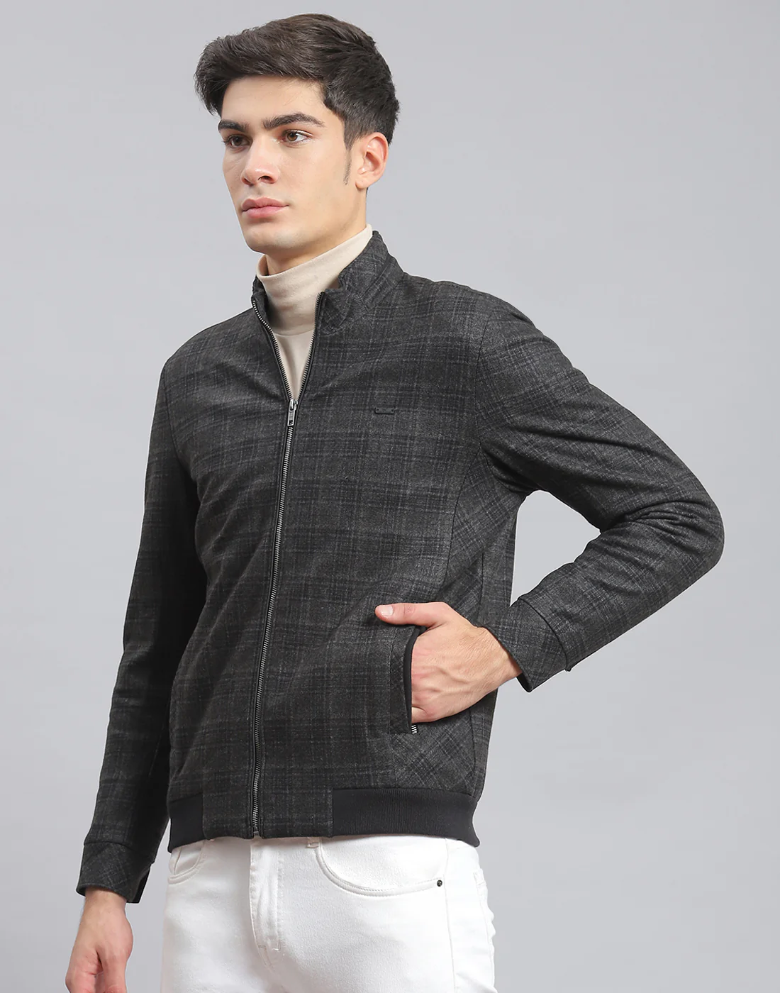 Men Olive Check Stand Collar Full Sleeve Coat - Image 3