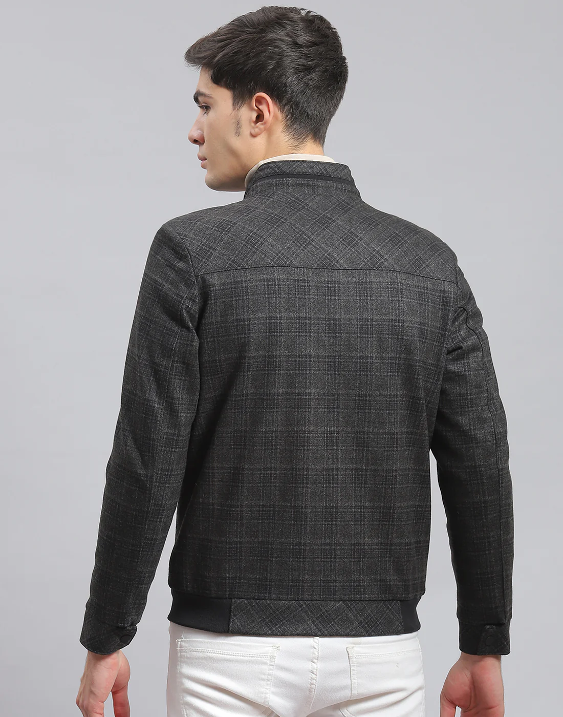 Men Olive Check Stand Collar Full Sleeve Coat - Image 5