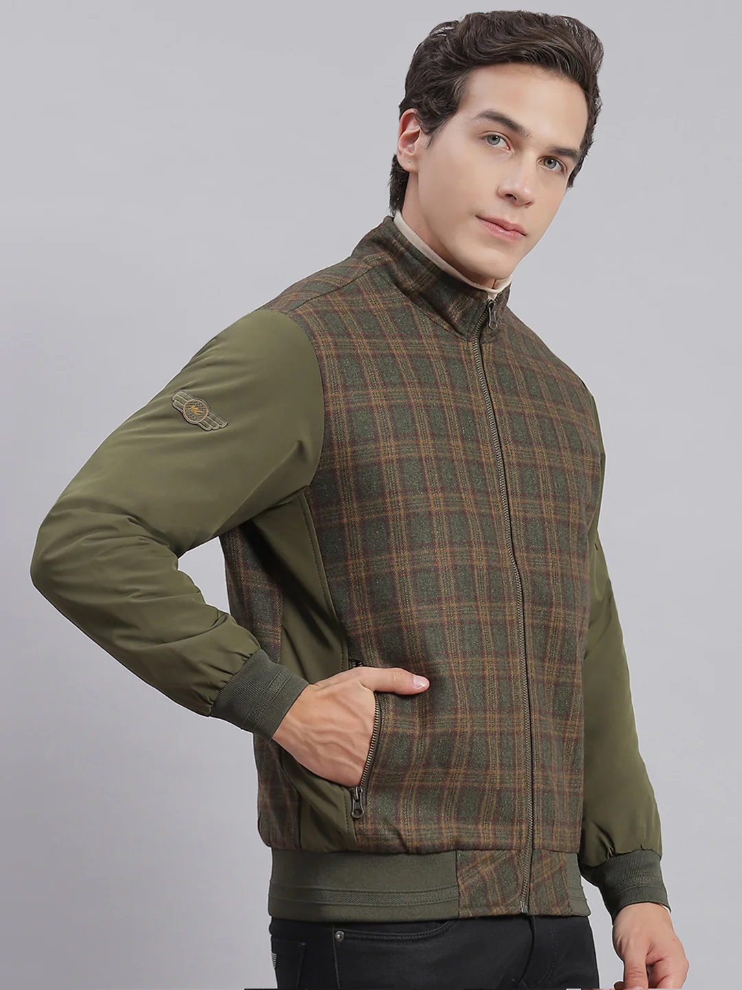 Men Olive Check Stand Collar Full Sleeve Jackets - Image 4