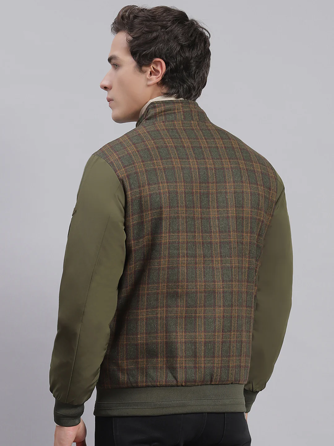 Men Olive Check Stand Collar Full Sleeve Jackets - Image 5