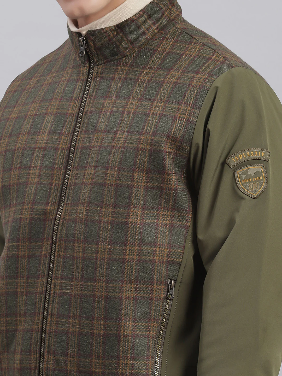 Men Olive Check Stand Collar Full Sleeve Jackets - Image 6