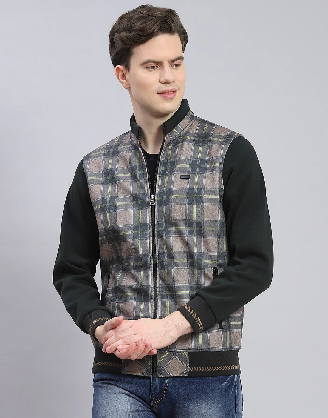 Men Olive Check Stand Collar Full Sleeve Sweatshirt - Image 2