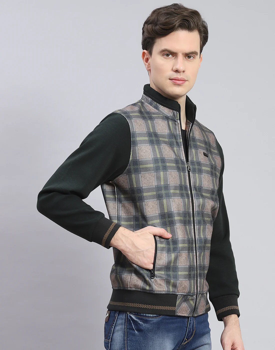 Men Olive Check Stand Collar Full Sleeve Sweatshirt - Image 4