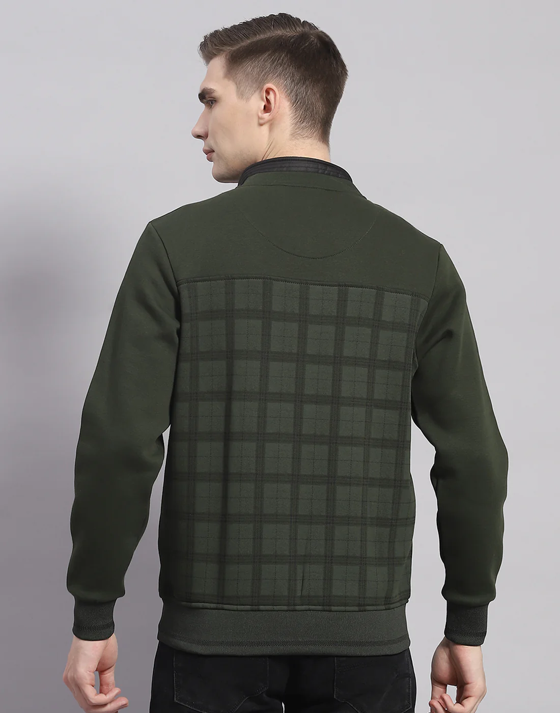 Men Olive Check Stand Collar Full Sleeve Sweatshirt - Image 5
