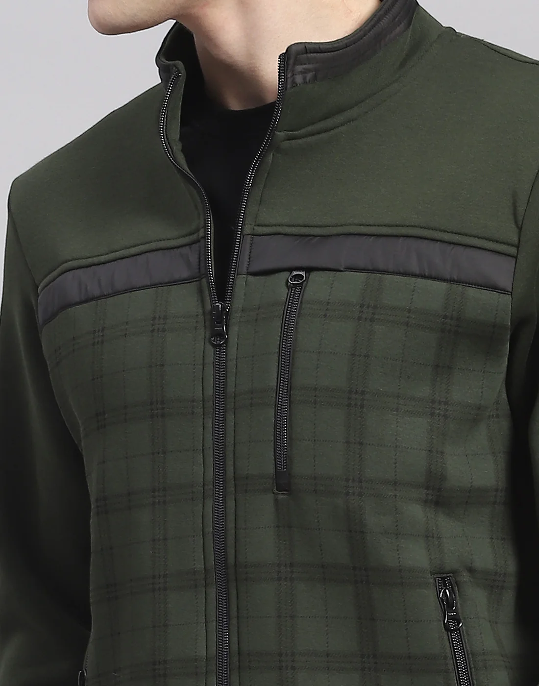 Men Olive Check Stand Collar Full Sleeve Sweatshirt - Image 6