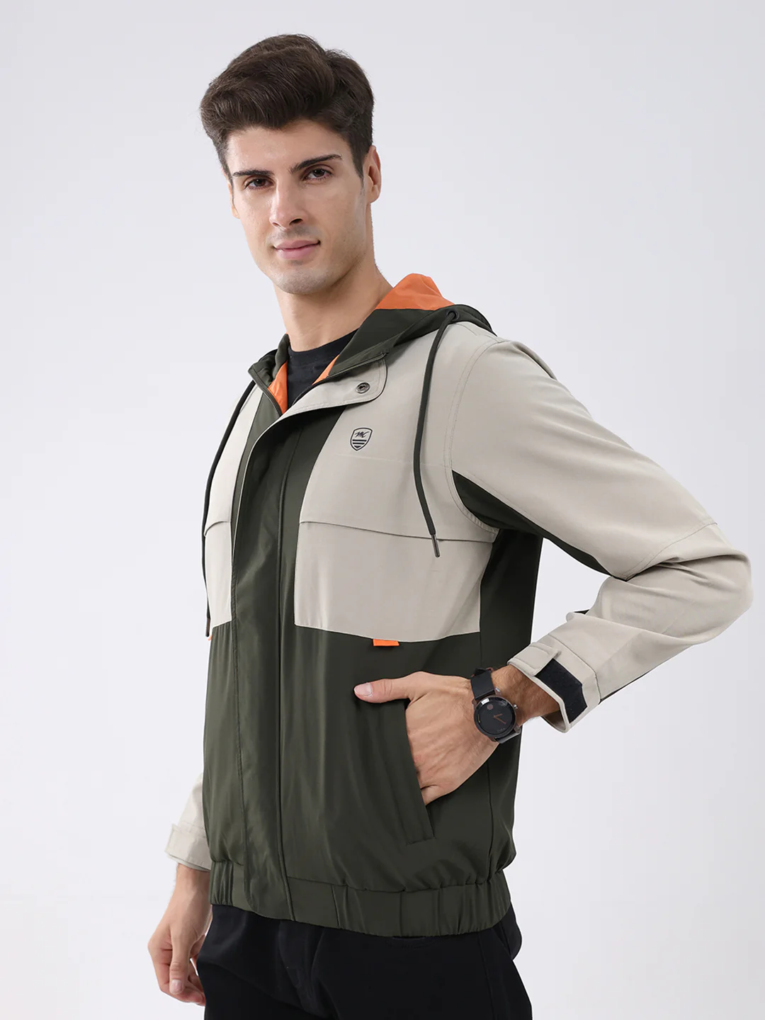 Men Olive Colourblocked Hooded Full Sleeve Jacket - Image 3