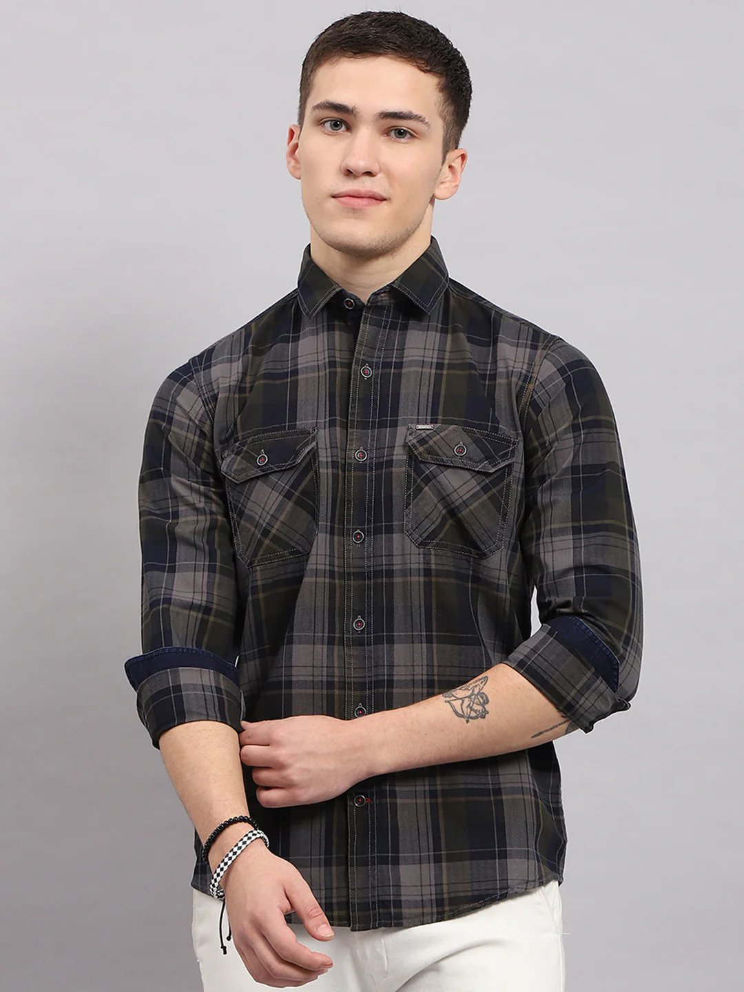 Men Olive & Grey Check Collar Full Sleeve Shirt - Image 2