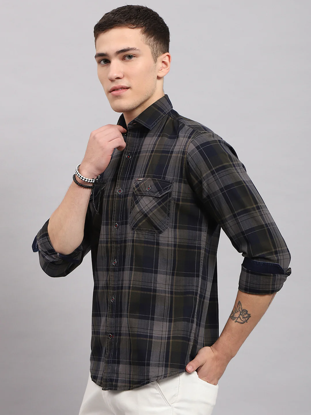 Men Olive & Grey Check Collar Full Sleeve Shirt - Image 3