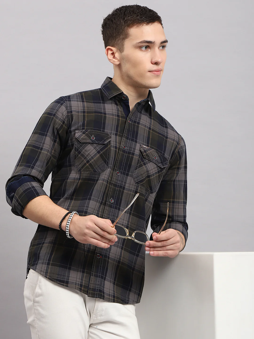 Men Olive & Grey Check Collar Full Sleeve Shirt - Image 6