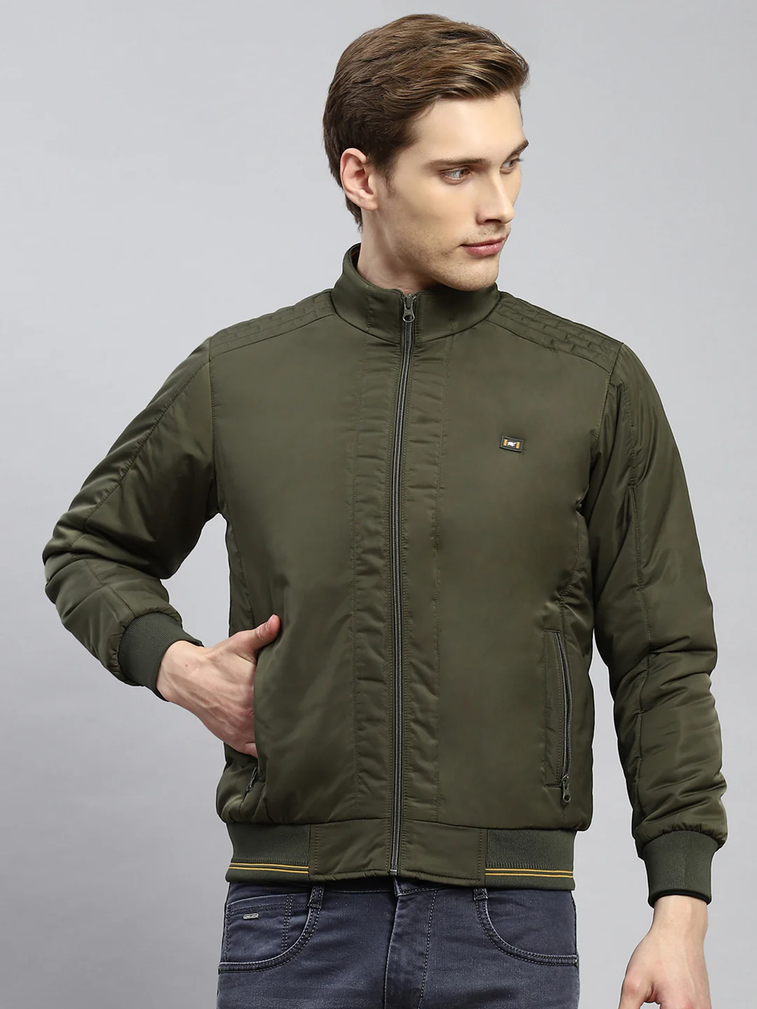 Men Olive Plain Jacket - Image 2