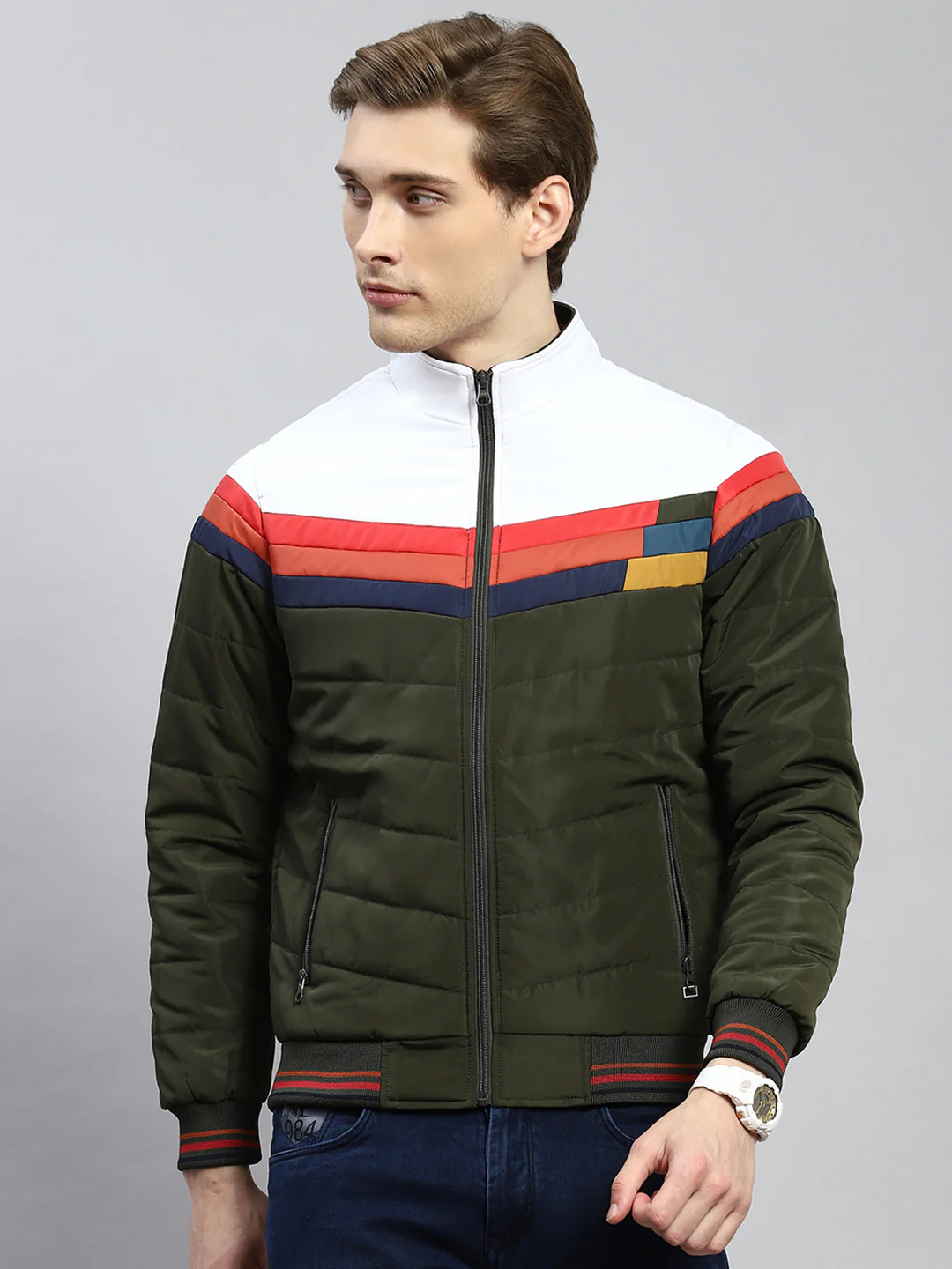 Men Olive Plain Jacket - Image 2