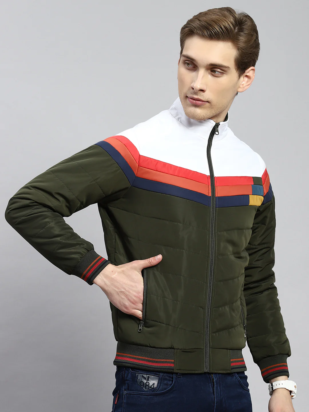 Men Olive Plain Jacket - Image 3