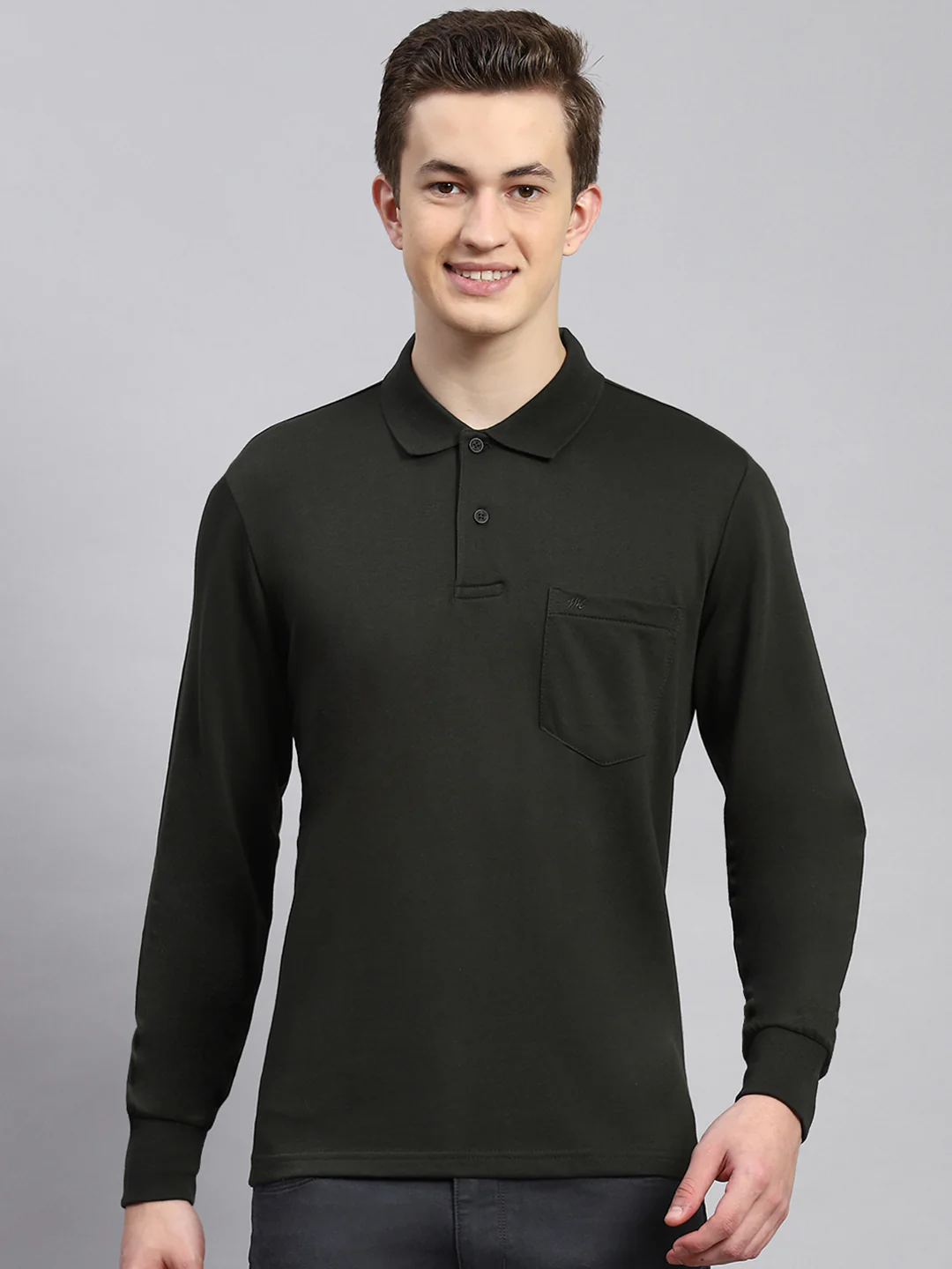 Men Olive Plain Winter T-Shirt - Image 2