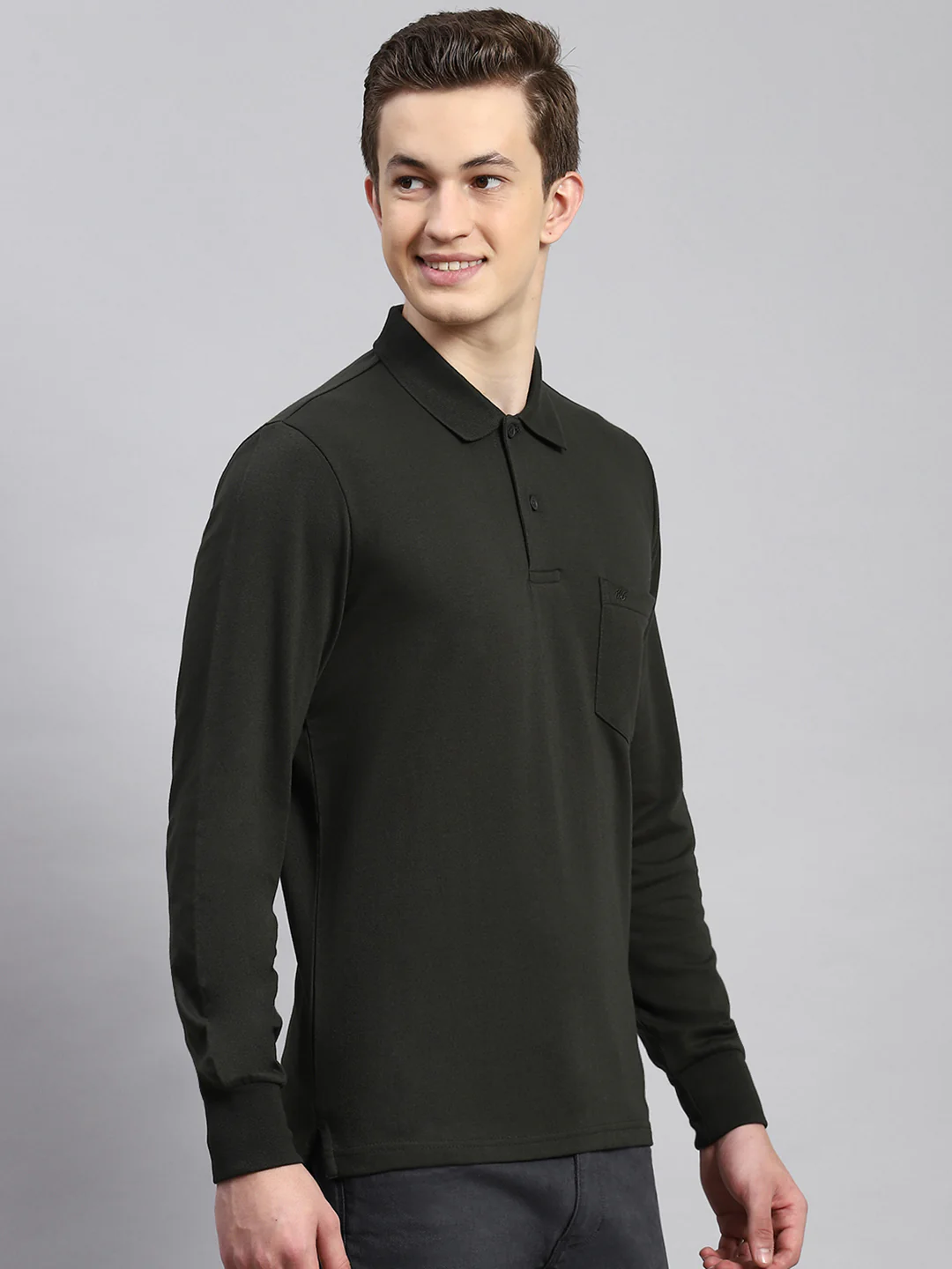 Men Olive Plain Winter T-Shirt - Image 3
