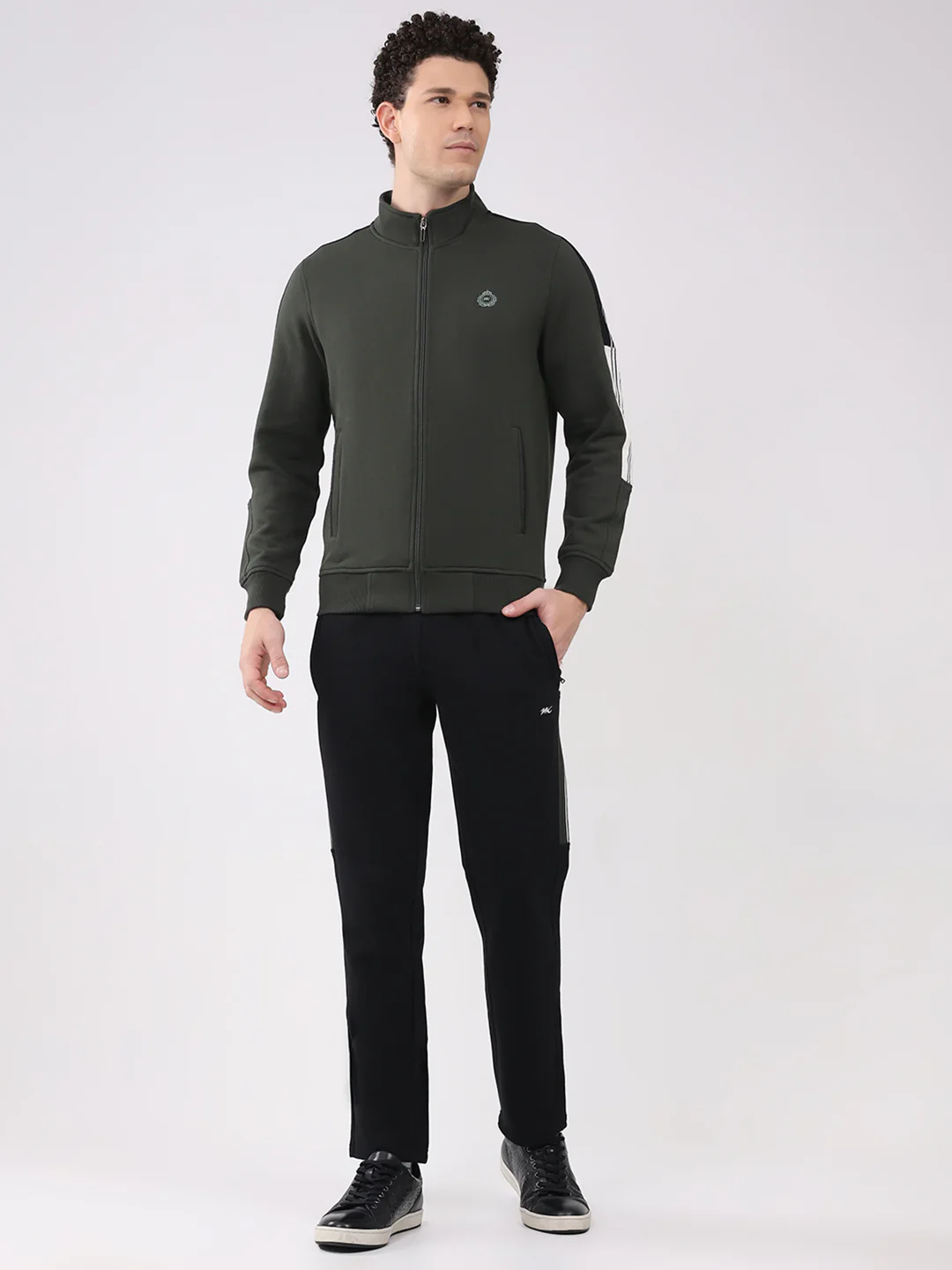 Men Olive Printed Collar Full Sleeve Winter Tracksuit
