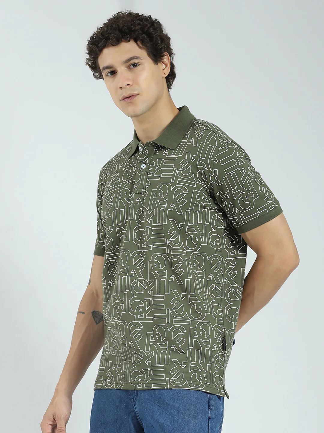 Rock.it Men Olive Printed Collar Half Sleeve T-Shirt - Image 3