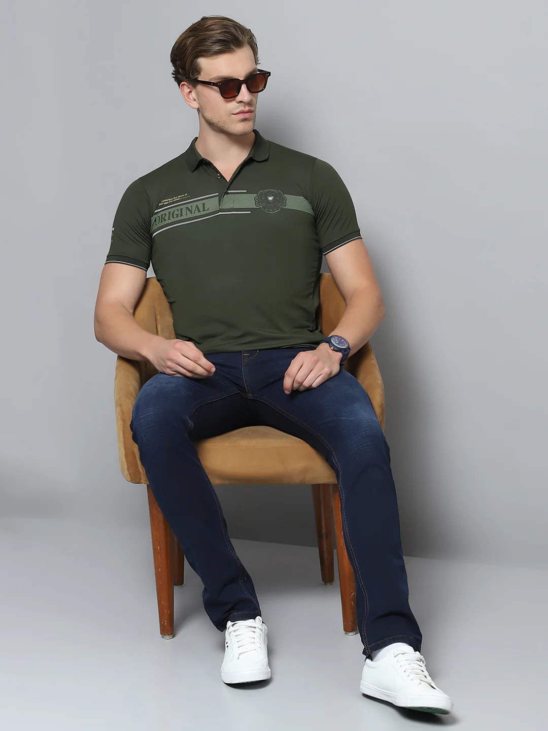 Men Olive Printed Collar Half Sleeve T-Shirt - Image 2