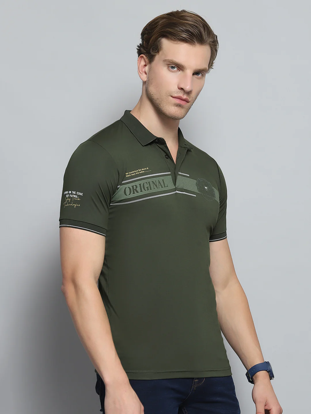 Men Olive Printed Collar Half Sleeve T-Shirt - Image 4