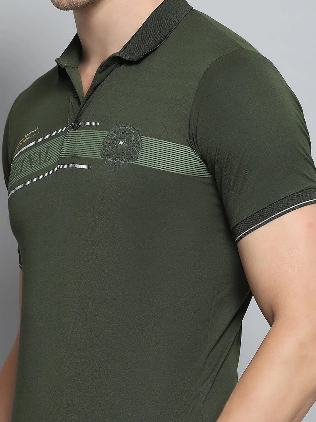 Men Olive Printed Collar Half Sleeve T-Shirt - Image 6