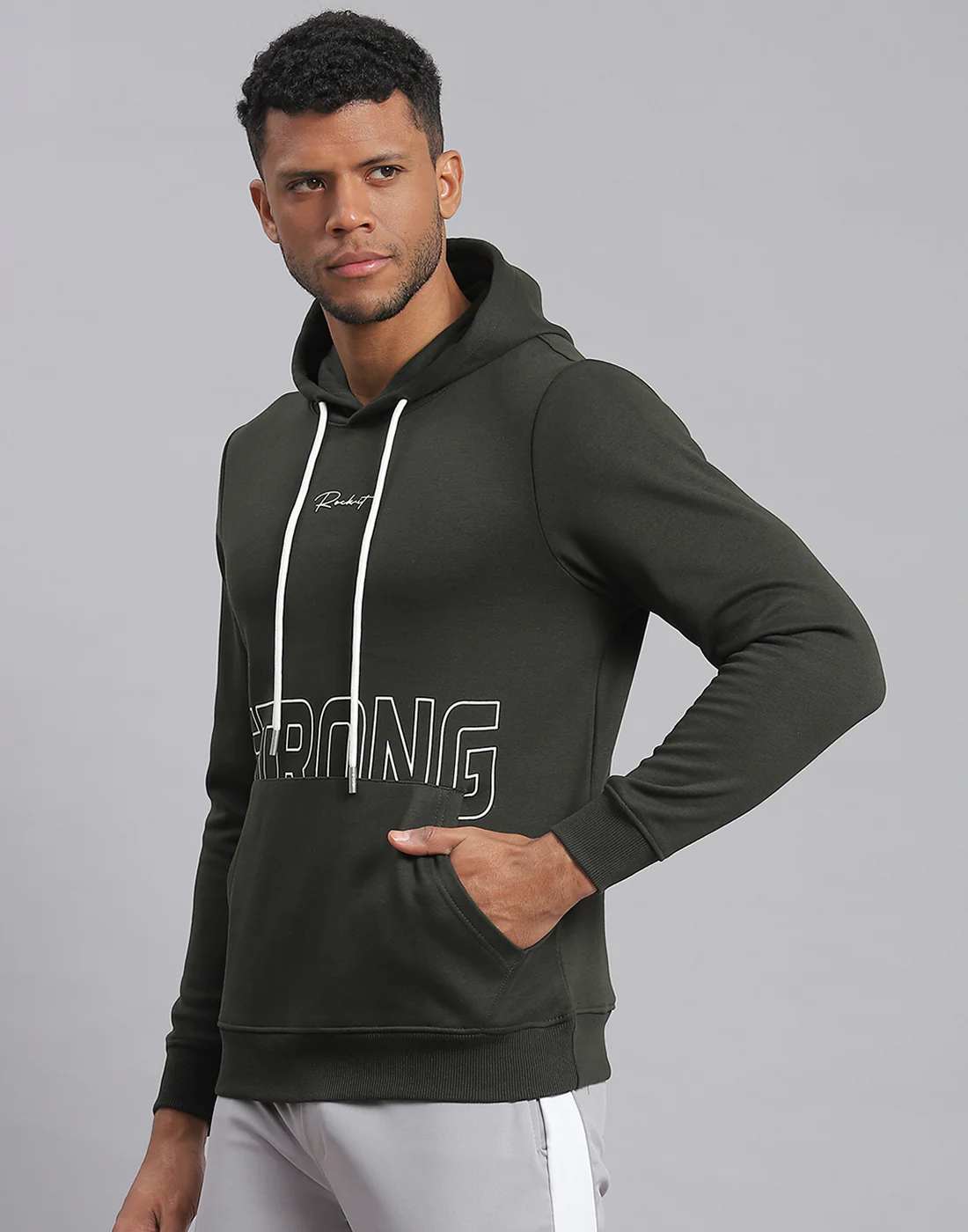 Rock.it Men Olive Printed Hooded Full Sleeve Sweatshirt - Image 3