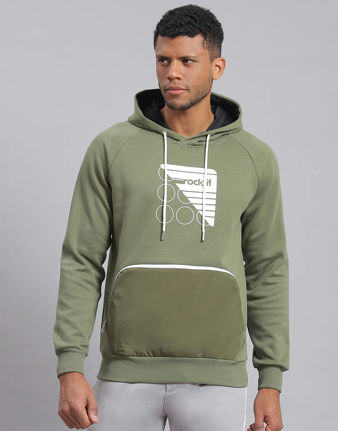 Rock.it Men Olive Printed Hooded Full Sleeve Sweatshirt - Image 2