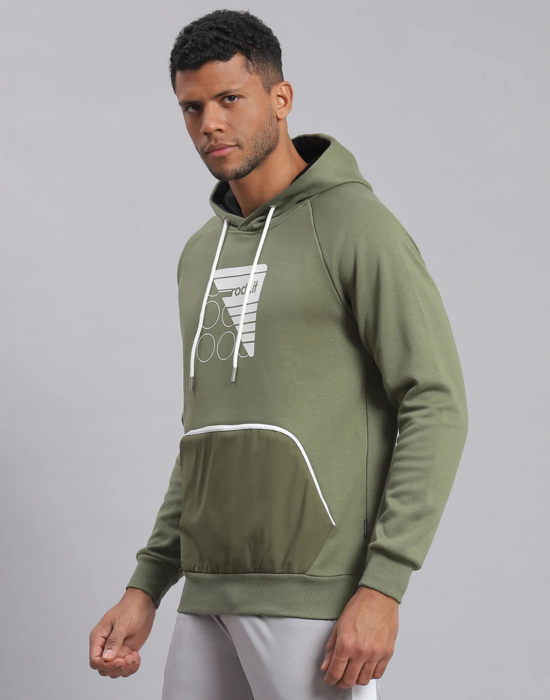Rock.it Men Olive Printed Hooded Full Sleeve Sweatshirt - Image 3