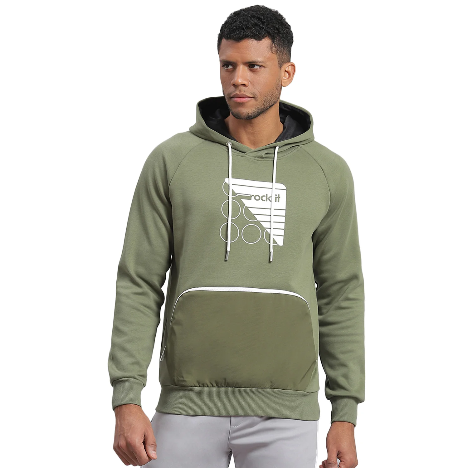 Rock.it Men Olive Printed Hooded Full Sleeve Sweatshirt - Image 5