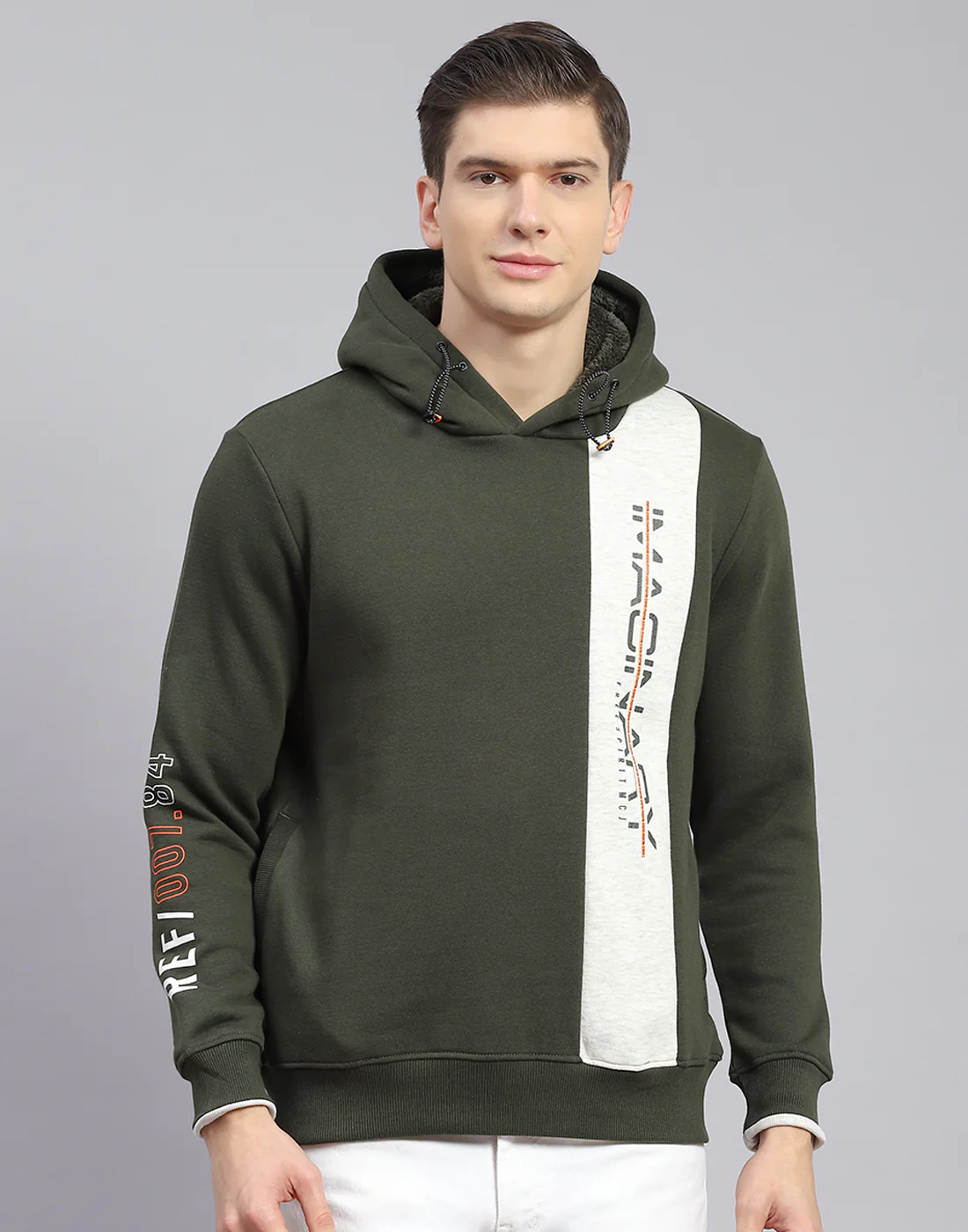 Men Olive Printed Hooded Full Sleeve Sweatshirt - Image 3