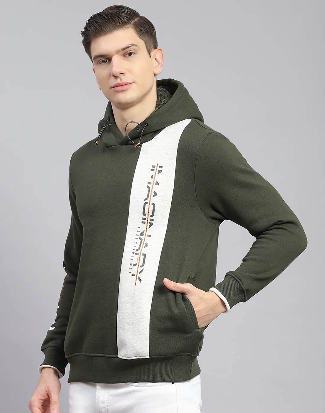 Men Olive Printed Hooded Full Sleeve Sweatshirt - Image 4