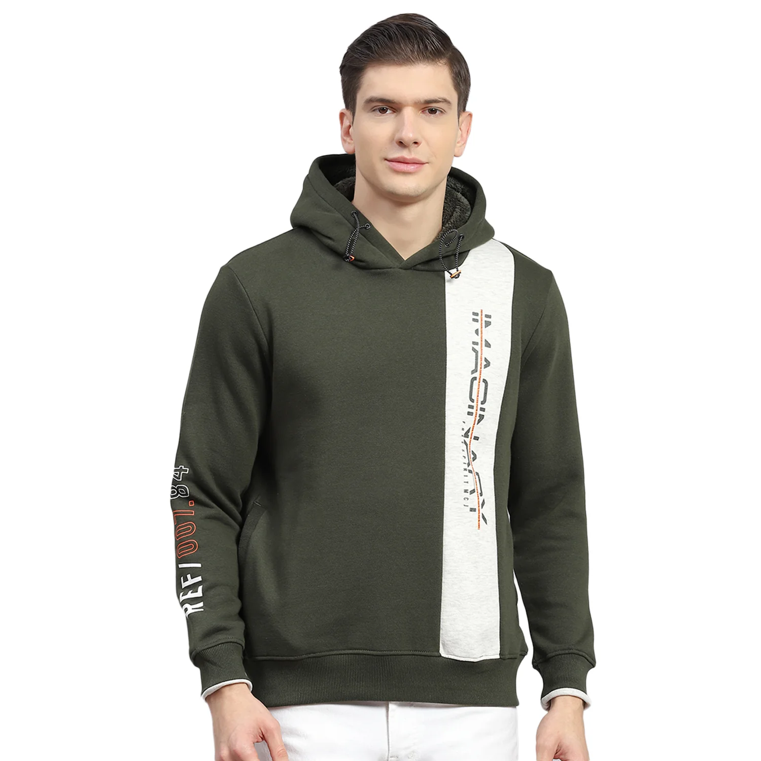 Men Olive Printed Hooded Full Sleeve Sweatshirt - Image 5