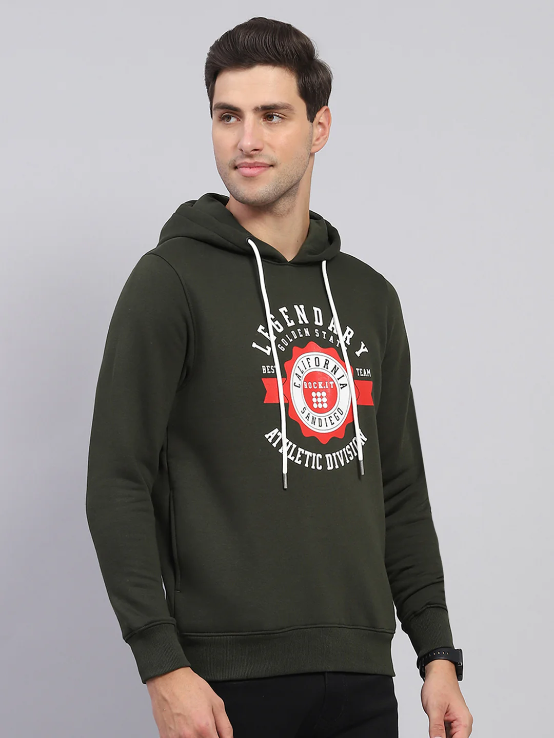 Rock.it Men Olive Printed Hooded Full Sleeve Sweatshirt - Image 4