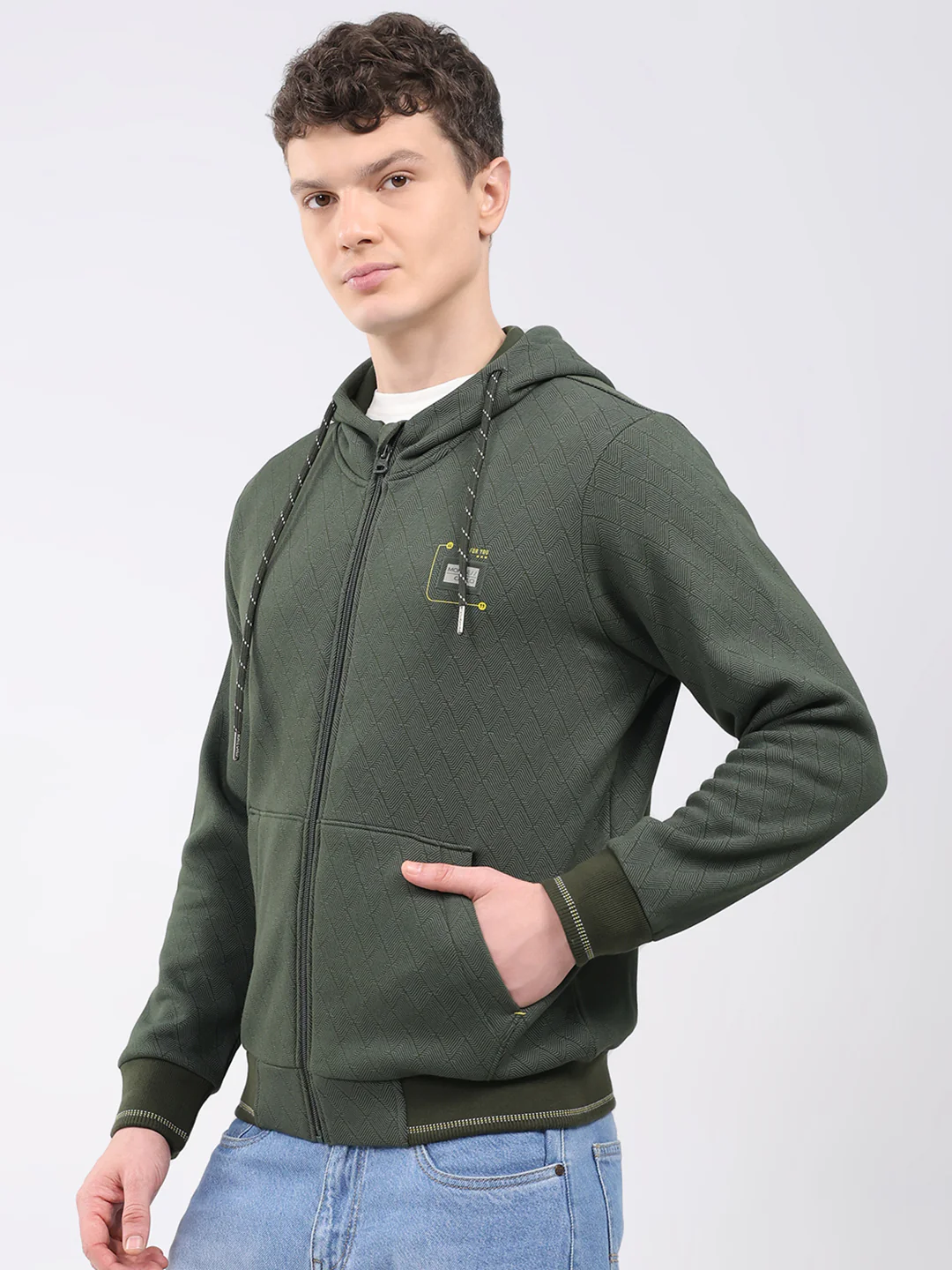 Men Olive Printed Hooded Full Sleeve Sweatshirt - Image 3