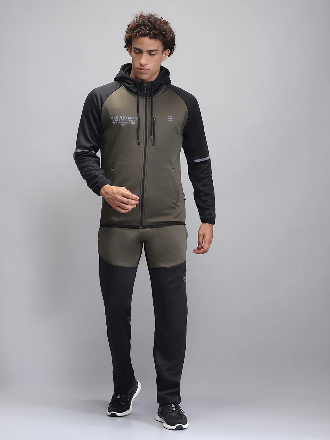 Rock.it Men Olive Printed Hooded Full Sleeve Winter Tracksuit