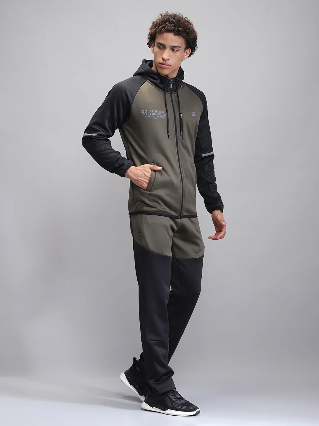 Rock.it Men Olive Printed Hooded Full Sleeve Winter Tracksuit - Image 4